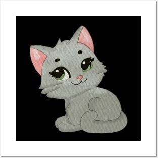 Grey cat with green eyes Posters and Art